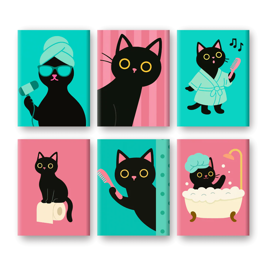 6 Mini Paintings | Bathroom Cat Set