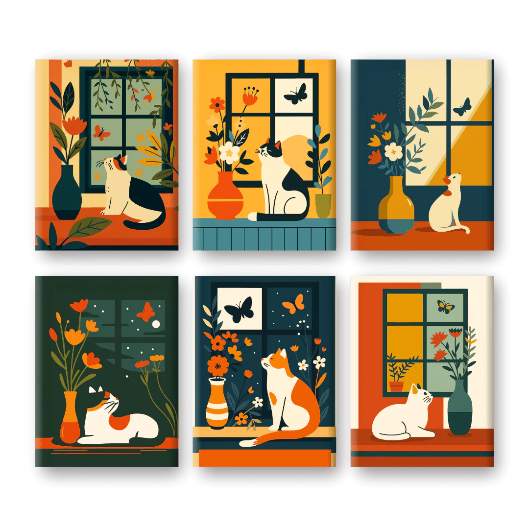 6 Mini Paintings | Cats at the Window Set
