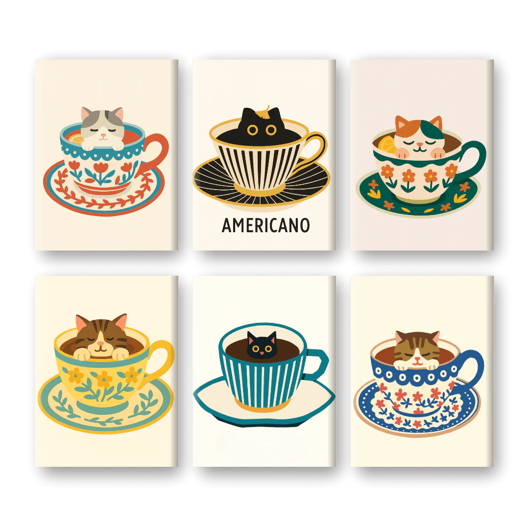 6 Mini Paintings - Cats in Coffee Cups Set
