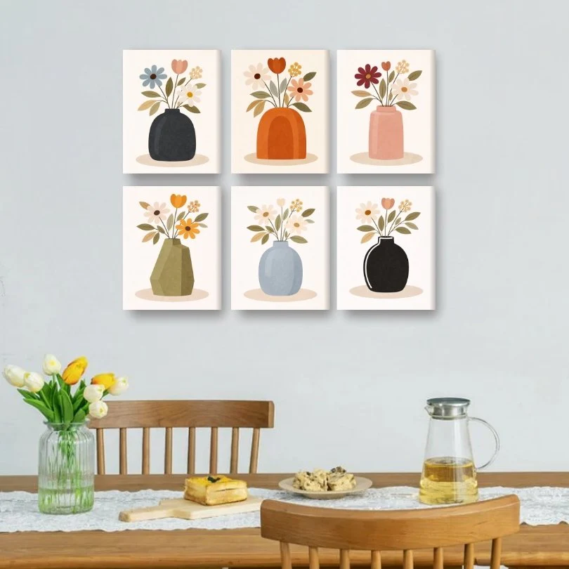 6 Mini Paintings - Colorful Flower Vases Set - Image 2