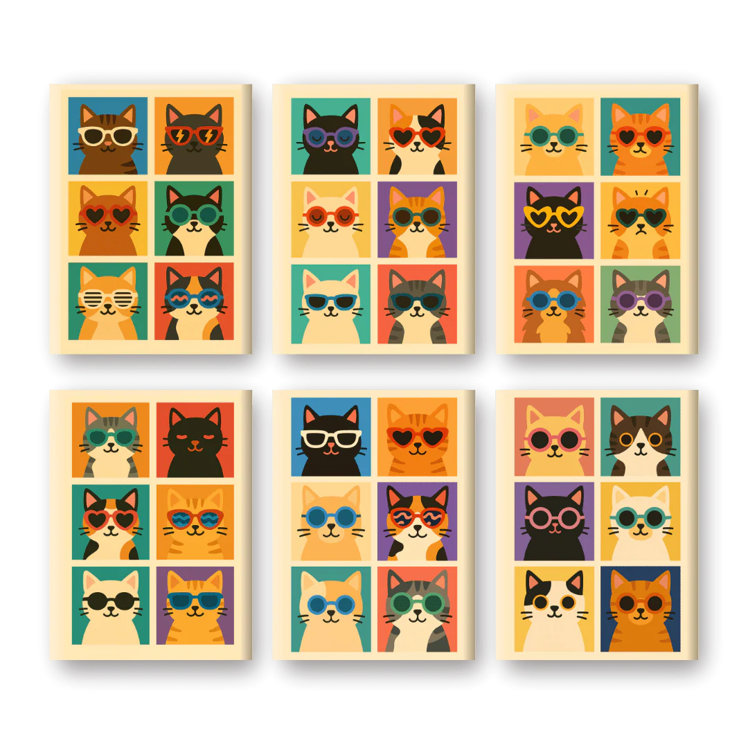 6 Mini Paintings - Cool Colorful Cats Set