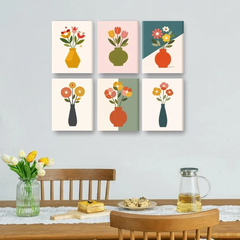 6 Mini Paintings - Elegant Flower Vases Set - Image 2