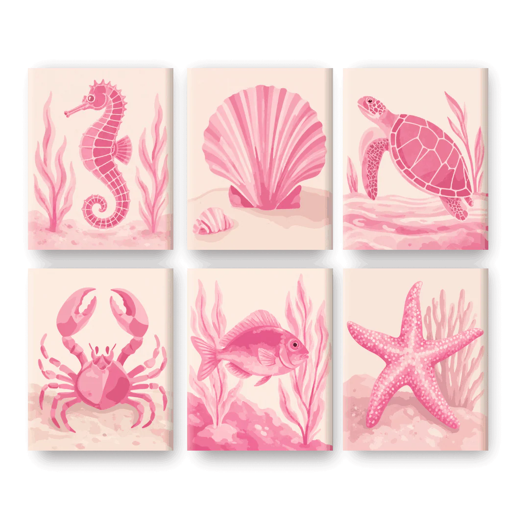 6 Mini Paintings - Pink Ocean Set