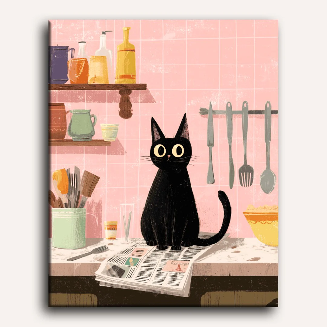 The black cat in the kitchen | Paint by Number - Image 2